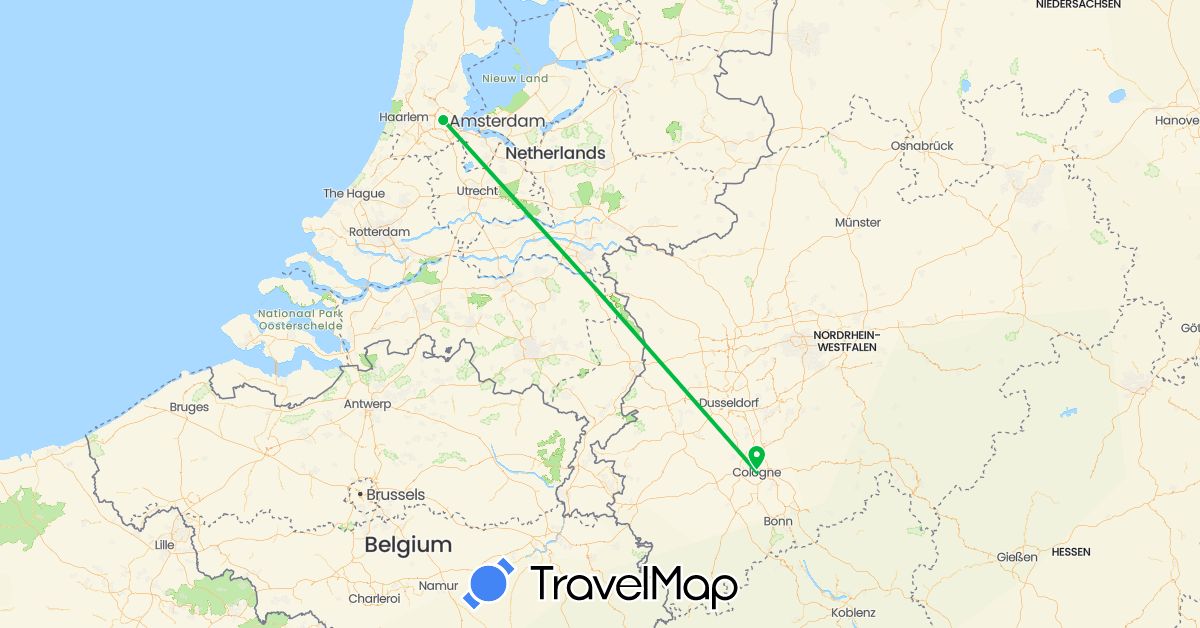 TravelMap itinerary: driving, bus in Germany, Netherlands (Europe)